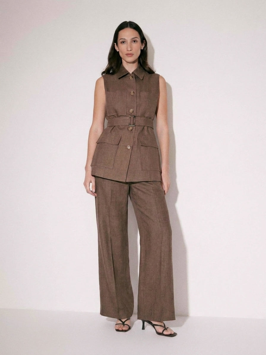 Co-Ord Belted Linen Vest & Wide-Leg Trousers Set