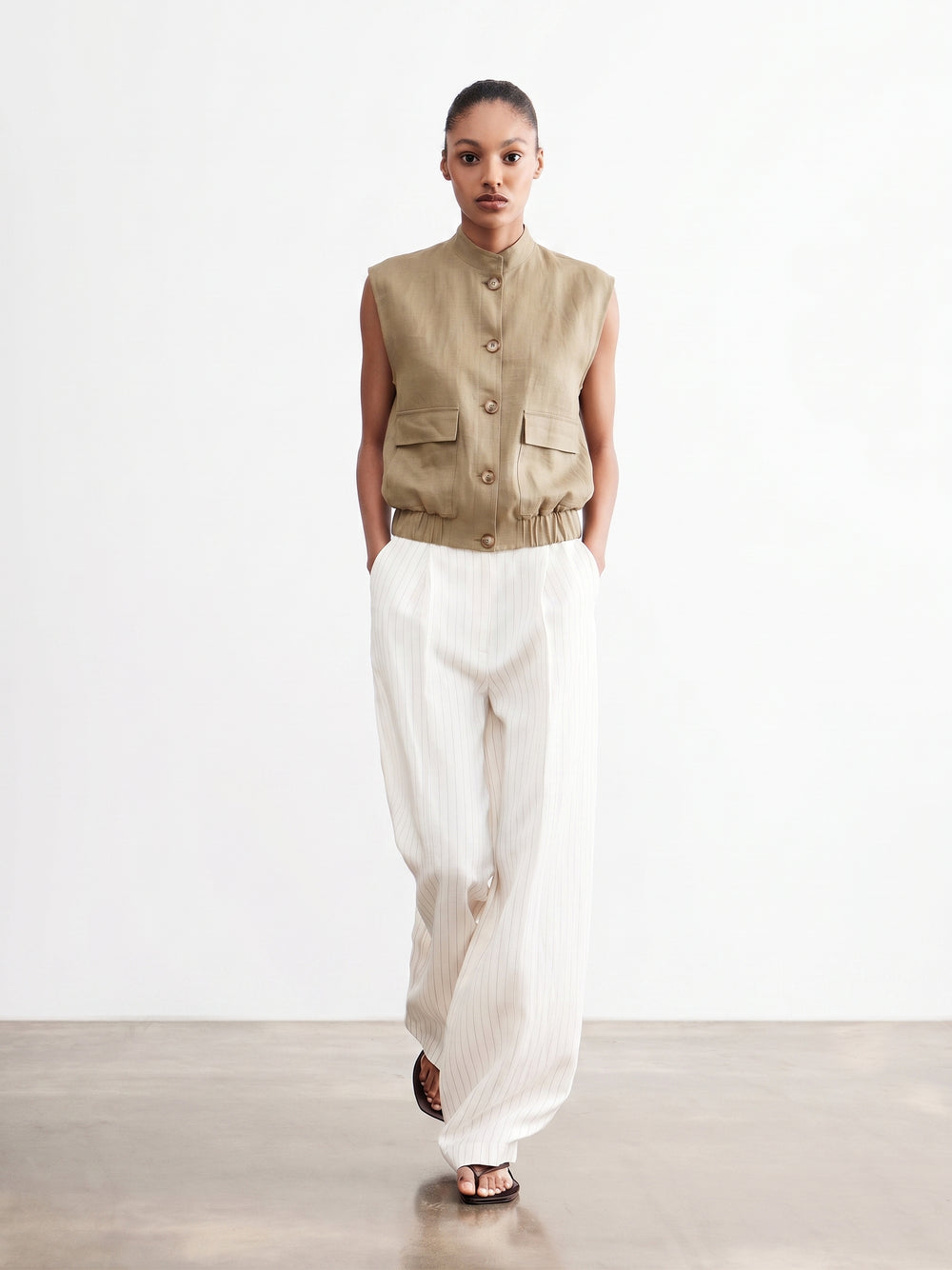 Sleeveless Linen Bomber Jacket