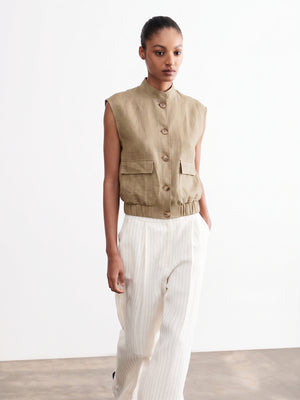 Sleeveless Linen Bomber Jacket