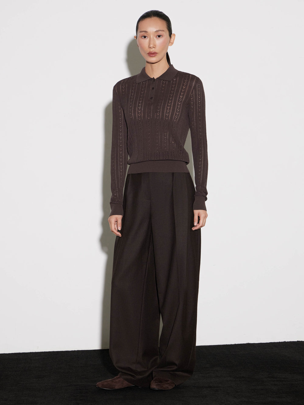 Openwork Knit Cotton-Silk Polo Sweater